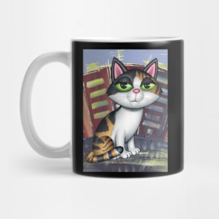 Beautiful Calico Kitty in front of buildings with colors Mug